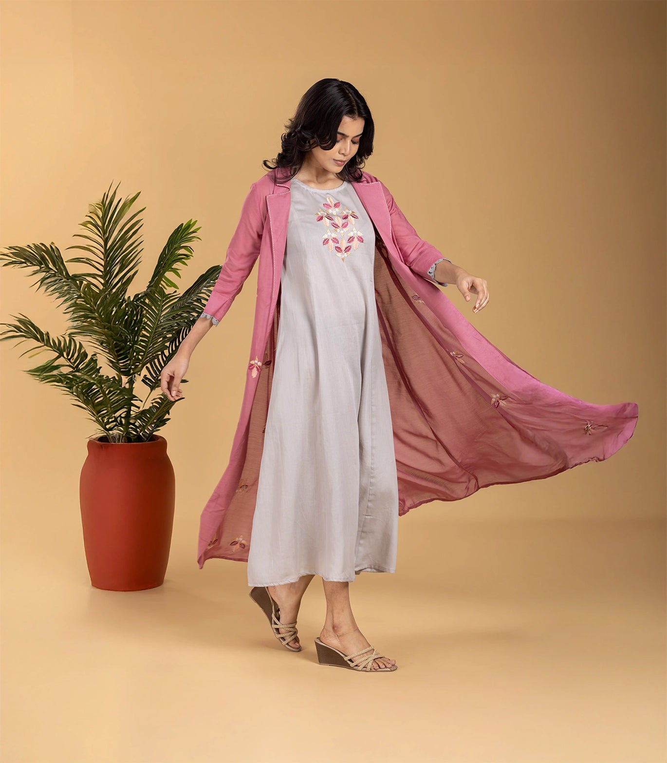 grey and pink maxi dress with Long jacket Set-DR0112 HandleImport