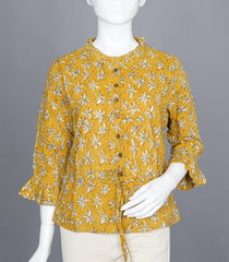 Yellow Floral Print Ruffled-Neck Top with Tie-Up-RB5234