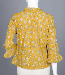 Yellow Floral Print Ruffled-Neck Top with Tie-Up-RB5234