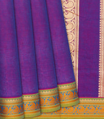 Purple Handloom Chettinad Plain Cotton Saree With Mango Motifs In Border-Purple