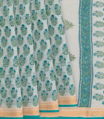 Off White Handwoven Chanderi Cotton Saree With Moghul Flower Motifs Printed in Turquoise -Off White