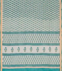 Off White Handwoven Chanderi Cotton Saree With Moghul Flower Motifs Printed in Turquoise -Off White