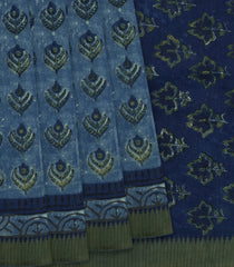 Blue Handloom Printed Chanderi Cotton Saree With Floral Motifs-Blue