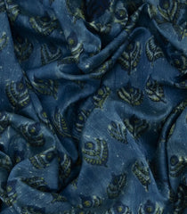 Blue Handloom Printed Chanderi Cotton Saree With Floral Motifs-Blue