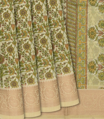 Light Green Handloom Chanderi Cotton Saree With Printed Floral Vine Motifs-Light Green