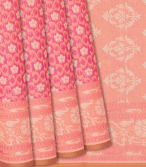 Bubble Gum Pink Handloom Chanderi Cotton Saree With Kamalam Motifs-BubbleGum Pink