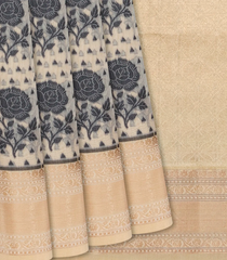 Beige Woven Chanderi Cotton Saree With Black Floral Motifs-Beige