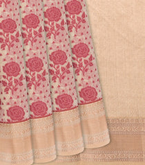 Beige Woven Chanderi Cotton Saree With Peach Floral Motifs-Beige