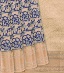 Beige Woven Chanderi Cotton Saree With Indigo Floral Motifs-Beige