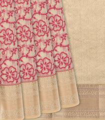 Beige Woven Chanderi Cotton Saree With Peach Floral Vine Motifs-Beige