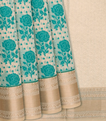 Beige Woven Chanderi Cotton Saree With Green Floral Motifs-Beige