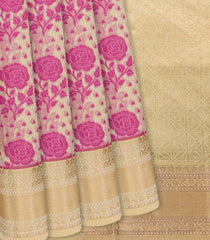 Beige Woven Chanderi Cotton Saree With Pink Floral Motifs-Beige