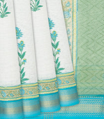 Off White Handloom Chanderi Cotton Saree With Printed Floral Motifs-Off White