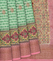 Light Green Chanderi Cotton Saree Printed With Floral Motifs & Buttas-Light Green