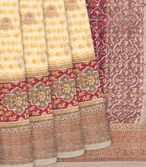 Cream Chanderi Cotton Saree Printed With Floral Motifs & Buttas-Cream