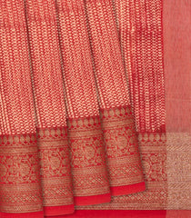 Red Chanderi Cotton Saree Printed With Chevron Motifs-Red