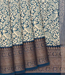 Blue Chanderi Cotton Saree Printed With Peacock Motifs-Blue