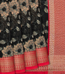 Black Chanderi Cotton Saree Printed With Floral Motifs & Red Border-Black