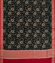 Black Chanderi Cotton Saree Printed With Floral Motifs & Red Border-Black