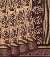 Brown Chanderi Cotton Saree Printed With Floral Motifs -Brown