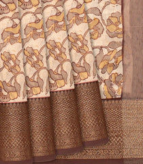 Cream Chanderi Cotton Saree Printed With Floral Motifs & Brown Border-Cream