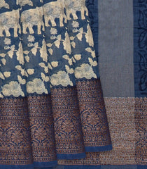 Blue Chanderi Cotton Saree Printed With Elephant Motifs-Blue