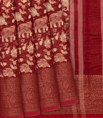 Red Chanderi Cotton Saree Printed With Elephant Motifs-Red