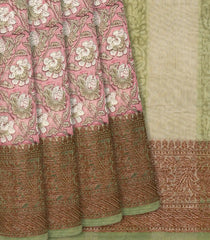 Baby Pink Chanderi Cotton Saree Printed With Floral Vine Motifs-Baby Pink