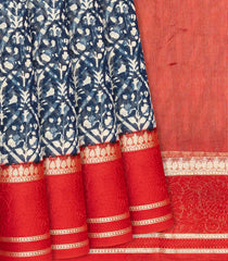 Blue Chanderi Cotton Saree With Printed Jaal & Contrast Border-Blue