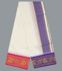 Cream 9 x 5  Handwoven Cotton Dhoti with contrast Fancy Border with Mango Motif-Cream