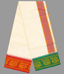 Cream 9 x 5 Cotton Dhoti with Fancy Border with Floral Motifs-Cream