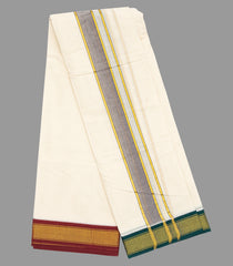 Cream 10 x 6 - 9  kan Handwoven Cotton Dhoti with Mayil Kan Korvai Border-Cream