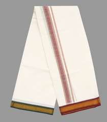 Cream 9 x 5 - 5 kan Handwoven Cotton Dhoti with Mayil Kan Korvai Border-Cream