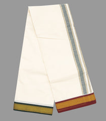 Cream 10 x 6 - 7 kan Handwoven Cotton Dhoti with Mayil Kan Korvai Border-Cream