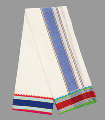 Cream 10 x 6 Cotton Dhoti with Crimson And Blue Border-Cream