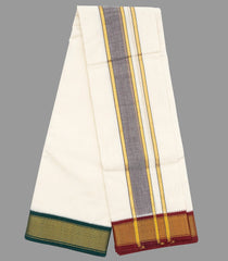 Cream 9 x 5 - 13 kan Handwoven Cotton Dhoti with Mayil Kan Korvai Border-Cream