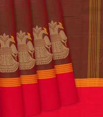 Brown Handloom Chettinad Cotton Saree With animal Motifs-Brown