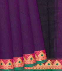 Magenta Handloom Chettinad Plain Cotton Saree With Kamalam Motifs-Magenta