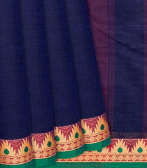 Dark Blue Handloom Chettinad Plain Cotton Saree With Kamalam Motifs-Dark Blue