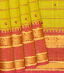 Lemon Green Handloom Chettinad Cotton Saree With Temple Border And Checks-Lime Green