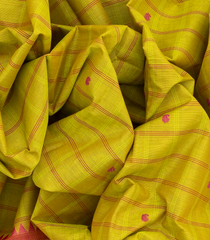 Lemon Green Handloom Chettinad Cotton Saree With Temple Border And Checks-Lime Green