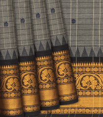 Grey Handloom Chettinad Cotton Saree With Temple Border And Checks-Grey