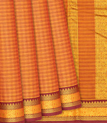 Orange Handloom Chettinad Cotton Saree With Checks-Orange