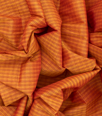 Orange Handloom Chettinad Cotton Saree With Checks-Orange