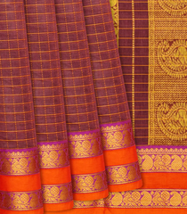 Chestnut Pink Handloom Chettinad Cotton Saree With Checks-Chestnut Pink