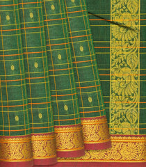 Green Handloom Chettinad Cotton Saree With Checks & Buttas-Green