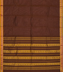 Dark Brown Handloom Chettinad Plain Cotton Saree With Mango Motifs In Border-Dark Brown