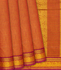 Orange Handloom Chettinad Cotton Saree With Stripes-Orange