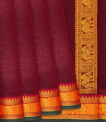 Maroon Handloom Chettinad Plain Cotton Saree With Elephant Motifs In Border-Maroon