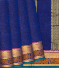 Dark Blue Handloom Chettinad Plain Cotton Saree With Annam Motifs In Border-Dark Blue